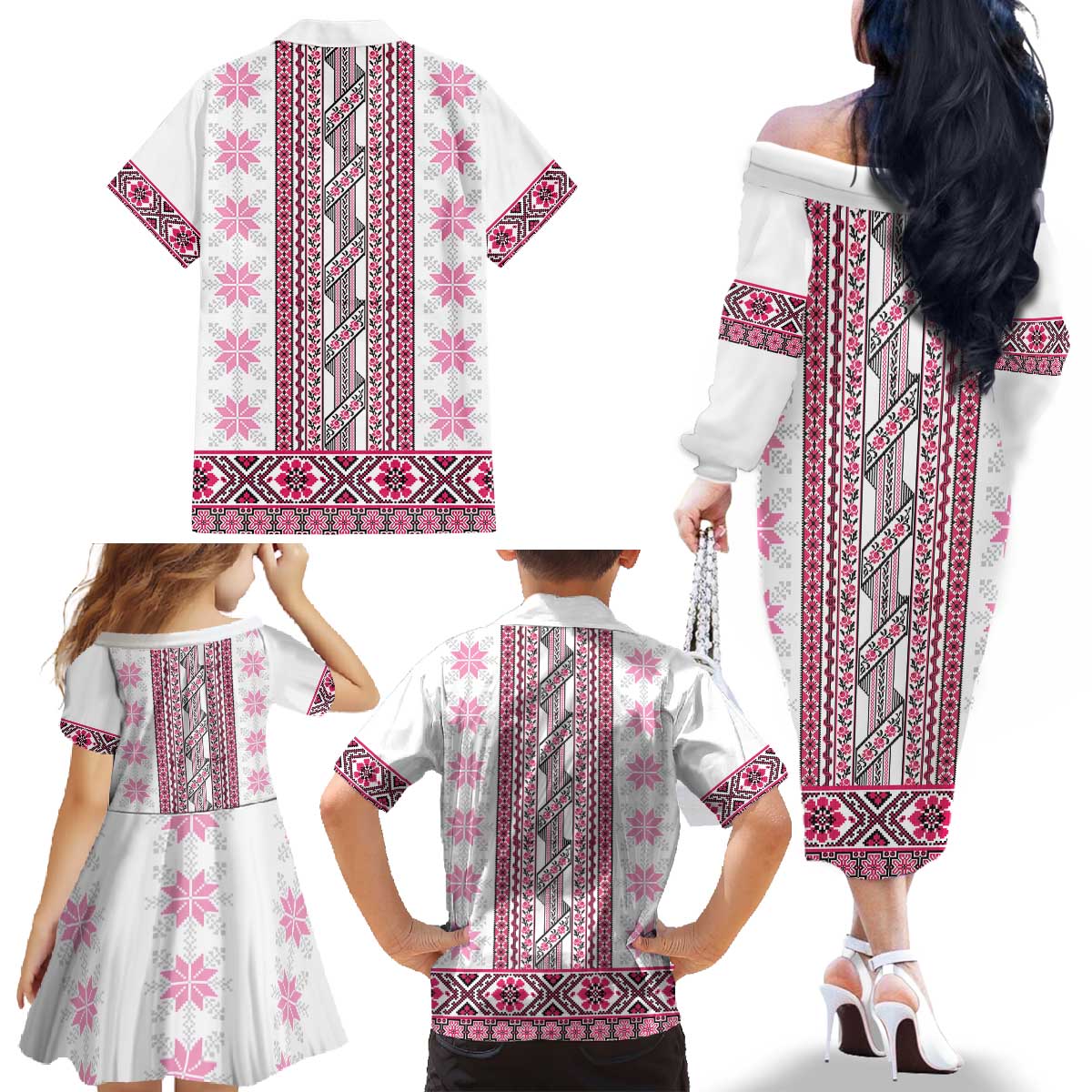 Ukraine Family Matching Off The Shoulder Long Sleeve Dress and Hawaiian Shirt Traditional Braided Rope Belt Pink Folk Pattern