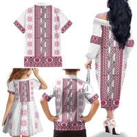 Ukraine Family Matching Off The Shoulder Long Sleeve Dress and Hawaiian Shirt Traditional Braided Rope Belt Pink Folk Pattern