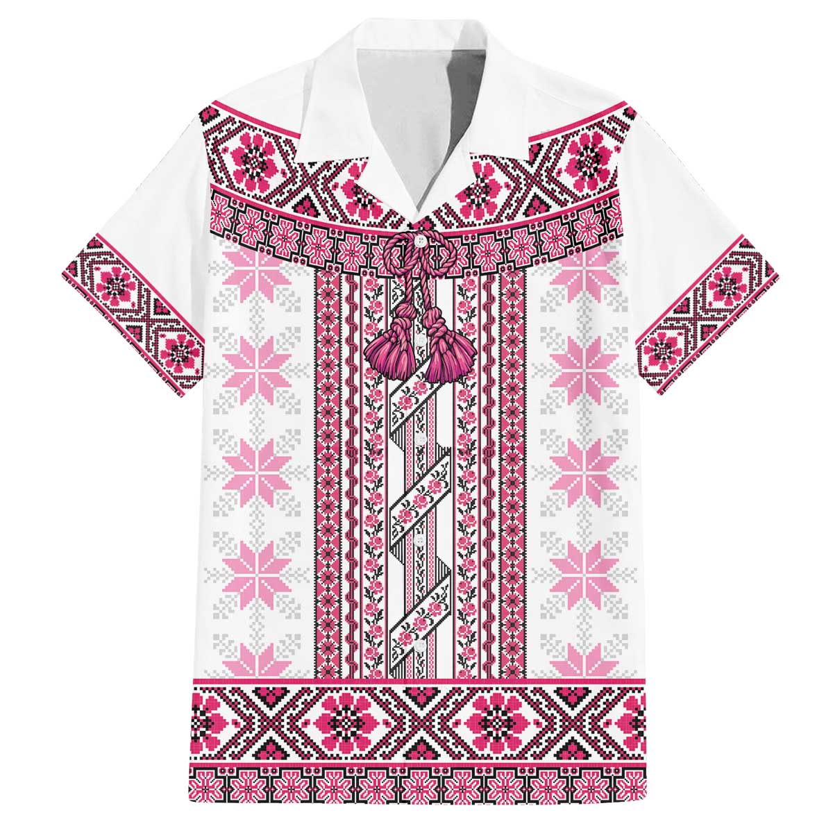 Ukraine Family Matching Off The Shoulder Long Sleeve Dress and Hawaiian Shirt Traditional Braided Rope Belt Pink Folk Pattern