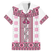 Ukraine Family Matching Off The Shoulder Long Sleeve Dress and Hawaiian Shirt Traditional Braided Rope Belt Pink Folk Pattern