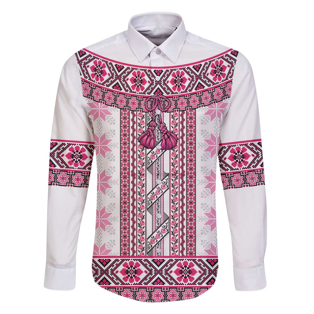 Ukraine Family Matching Off The Shoulder Long Sleeve Dress and Hawaiian Shirt Traditional Braided Rope Belt Pink Folk Pattern