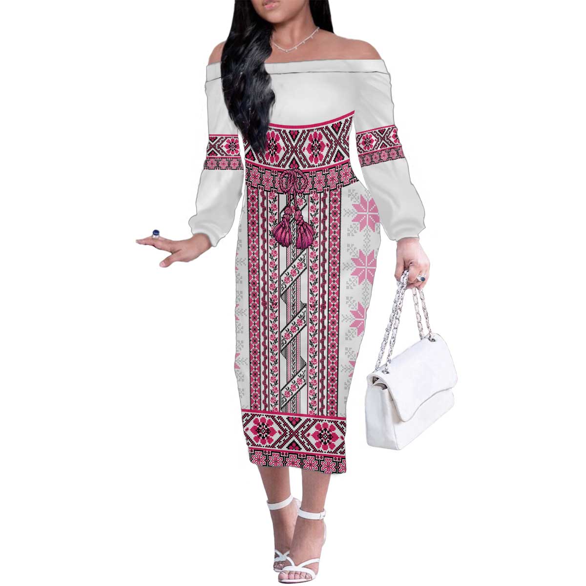 Ukraine Family Matching Off The Shoulder Long Sleeve Dress and Hawaiian Shirt Traditional Braided Rope Belt Pink Folk Pattern