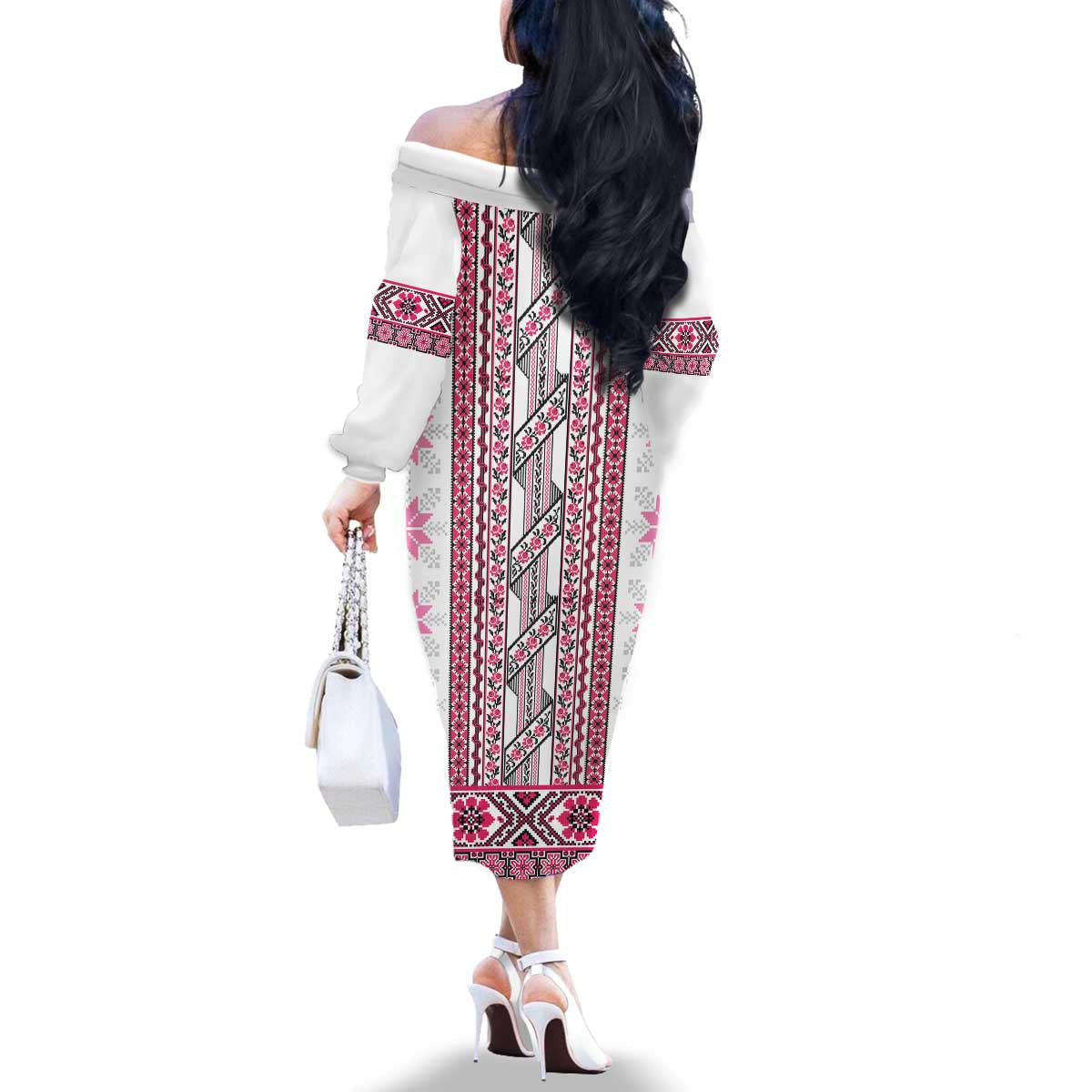 Ukraine Family Matching Off The Shoulder Long Sleeve Dress and Hawaiian Shirt Traditional Braided Rope Belt Pink Folk Pattern