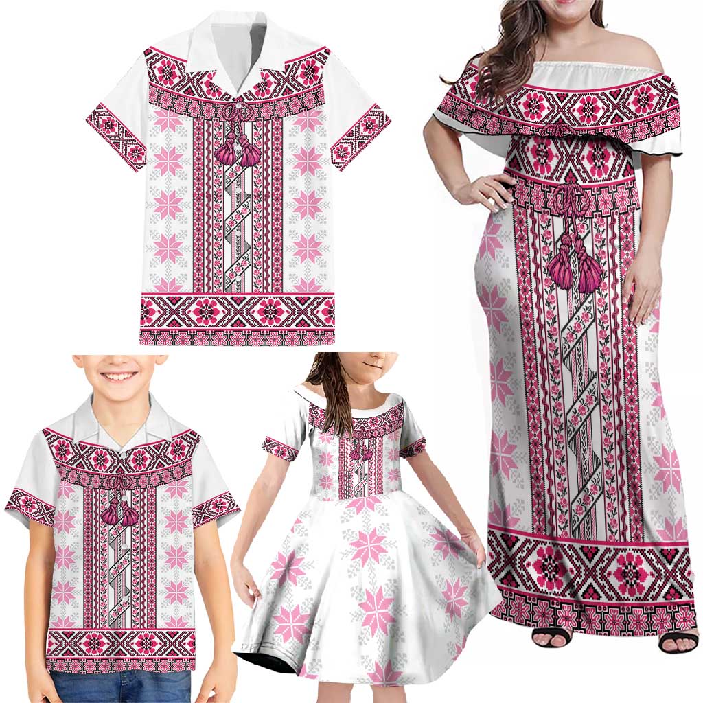 Ukraine Family Matching Off Shoulder Maxi Dress and Hawaiian Shirt Traditional Braided Rope Belt Pink Folk Pattern