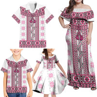 Ukraine Family Matching Off Shoulder Maxi Dress and Hawaiian Shirt Traditional Braided Rope Belt Pink Folk Pattern