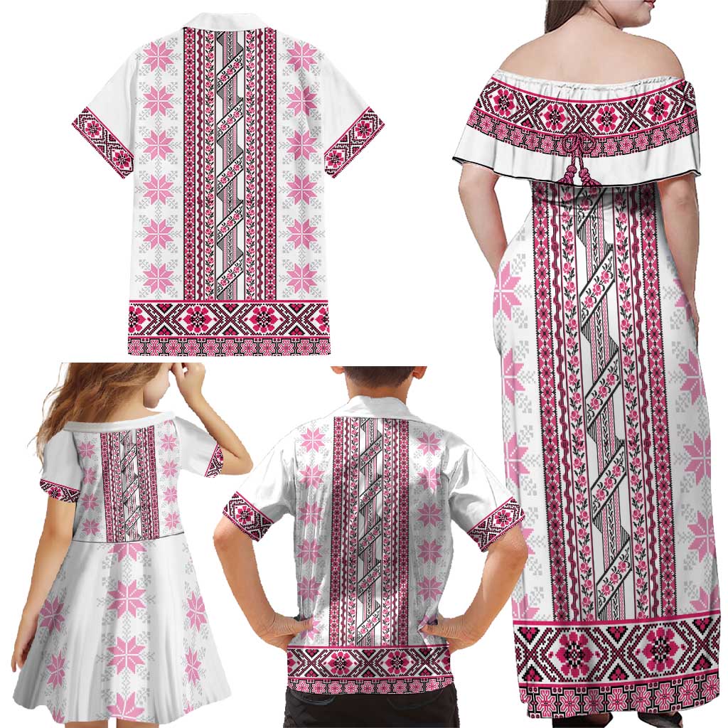 Ukraine Family Matching Off Shoulder Maxi Dress and Hawaiian Shirt Traditional Braided Rope Belt Pink Folk Pattern