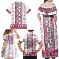 Ukraine Family Matching Off Shoulder Maxi Dress and Hawaiian Shirt Traditional Braided Rope Belt Pink Folk Pattern