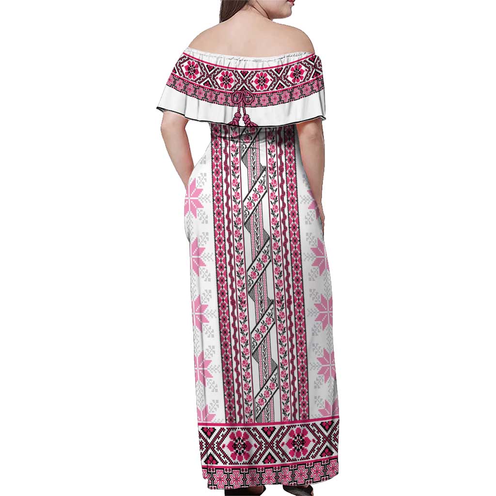Ukraine Family Matching Off Shoulder Maxi Dress and Hawaiian Shirt Traditional Braided Rope Belt Pink Folk Pattern
