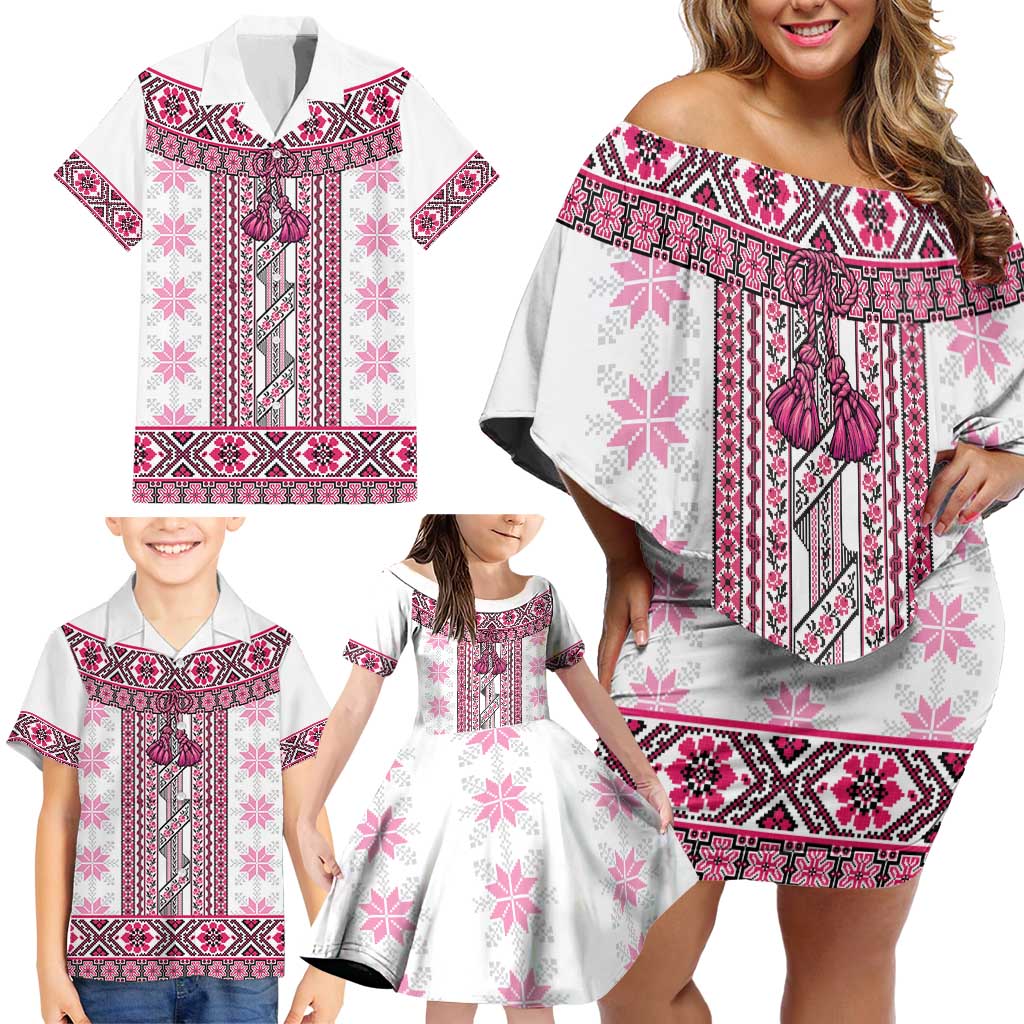 Ukraine Family Matching Off Shoulder Short Dress and Hawaiian Shirt Traditional Braided Rope Belt Pink Folk Pattern