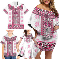 Ukraine Family Matching Off Shoulder Short Dress and Hawaiian Shirt Traditional Braided Rope Belt Pink Folk Pattern