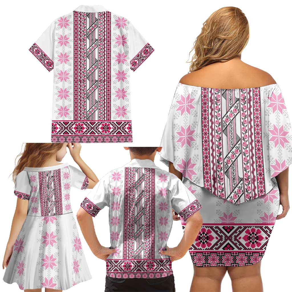 Ukraine Family Matching Off Shoulder Short Dress and Hawaiian Shirt Traditional Braided Rope Belt Pink Folk Pattern