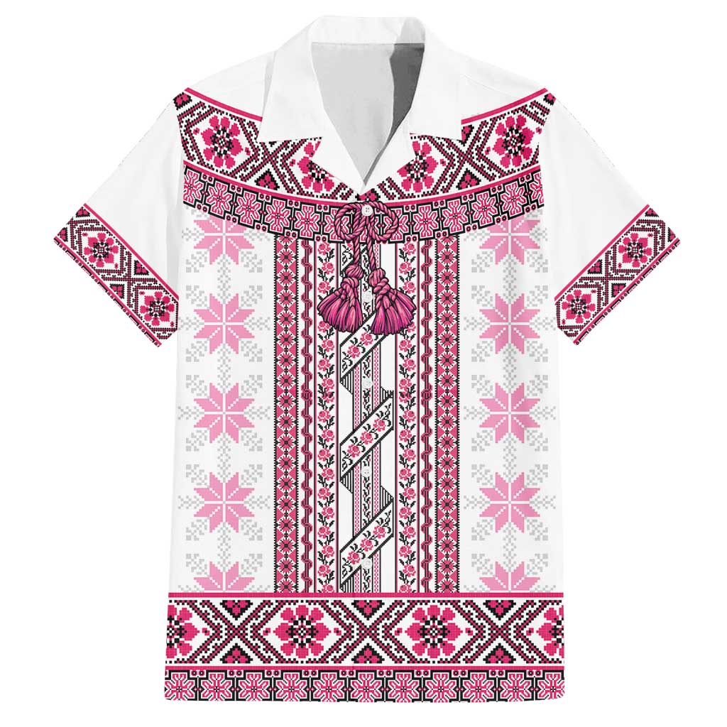 Ukraine Family Matching Off Shoulder Short Dress and Hawaiian Shirt Traditional Braided Rope Belt Pink Folk Pattern