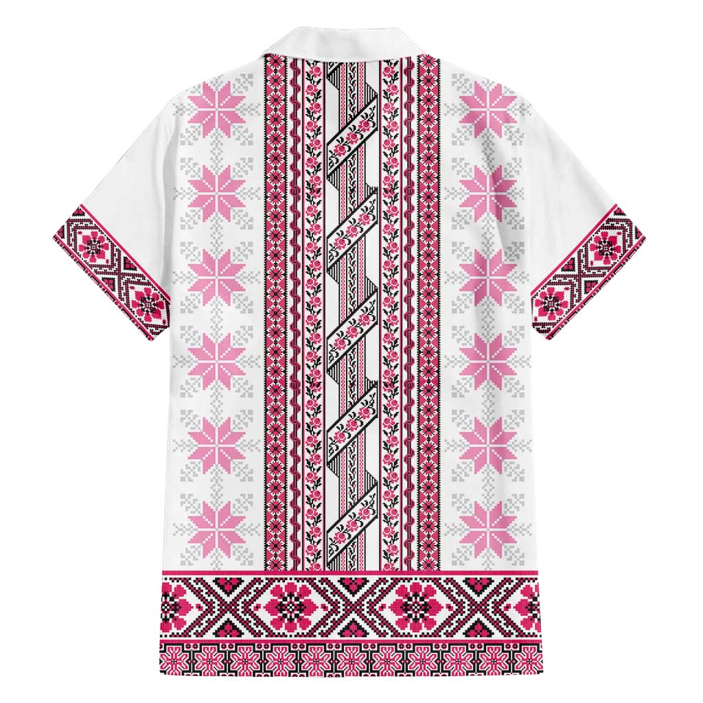 Ukraine Family Matching Off Shoulder Short Dress and Hawaiian Shirt Traditional Braided Rope Belt Pink Folk Pattern