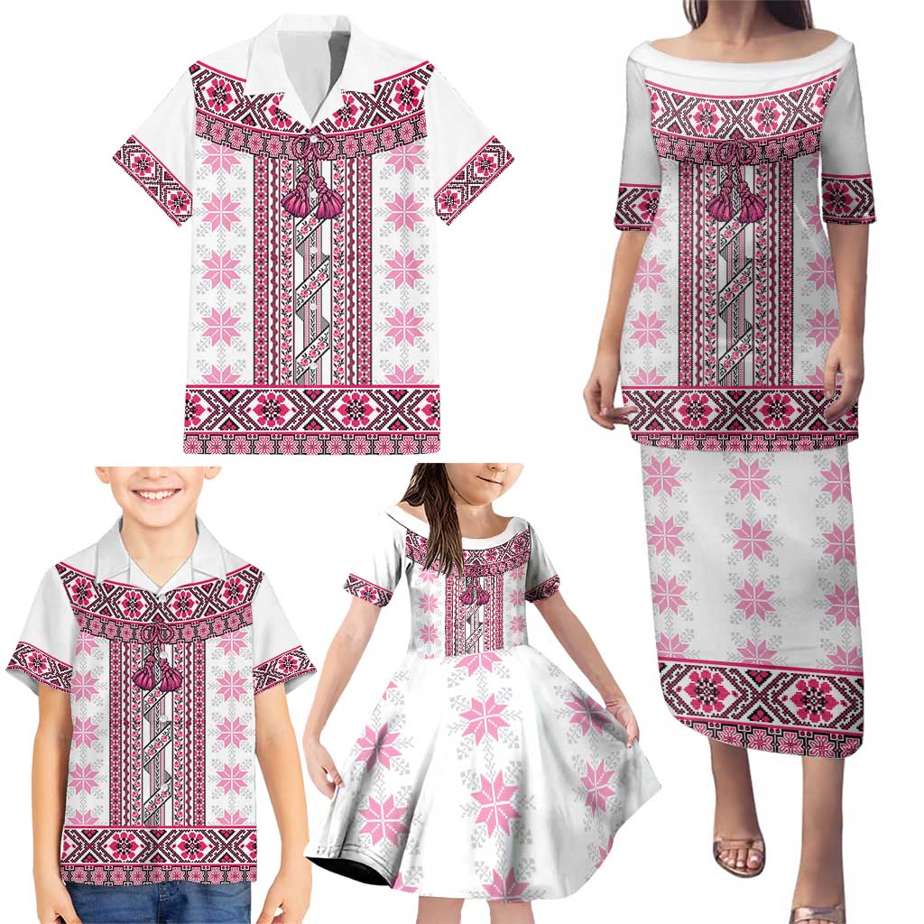 Ukraine Family Matching Puletasi and Hawaiian Shirt Traditional Braided Rope Belt Pink Folk Pattern