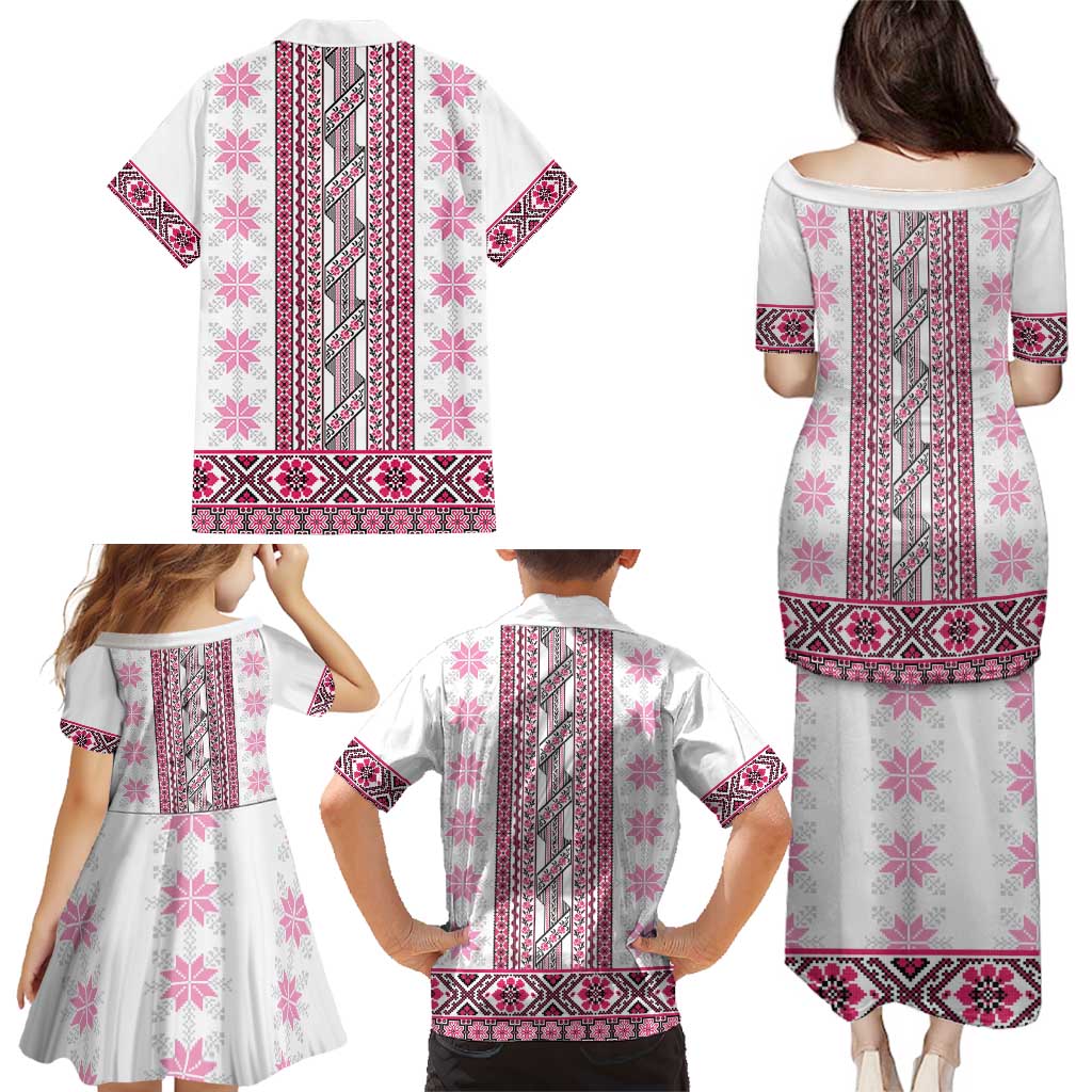 Ukraine Family Matching Puletasi and Hawaiian Shirt Traditional Braided Rope Belt Pink Folk Pattern