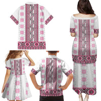 Ukraine Family Matching Puletasi and Hawaiian Shirt Traditional Braided Rope Belt Pink Folk Pattern