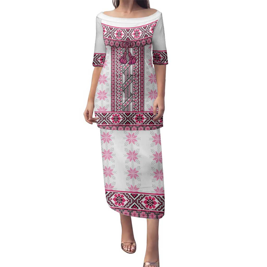 Ukraine Family Matching Puletasi and Hawaiian Shirt Traditional Braided Rope Belt Pink Folk Pattern