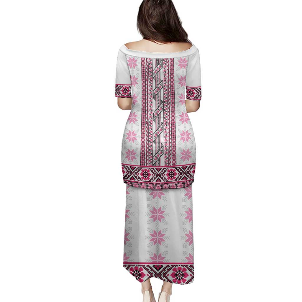 Ukraine Family Matching Puletasi and Hawaiian Shirt Traditional Braided Rope Belt Pink Folk Pattern