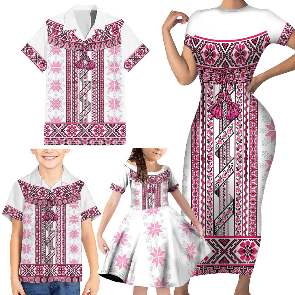 Ukraine Family Matching Short Sleeve Bodycon Dress and Hawaiian Shirt Traditional Braided Rope Belt Pink Folk Pattern