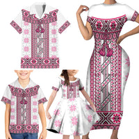 Ukraine Family Matching Short Sleeve Bodycon Dress and Hawaiian Shirt Traditional Braided Rope Belt Pink Folk Pattern