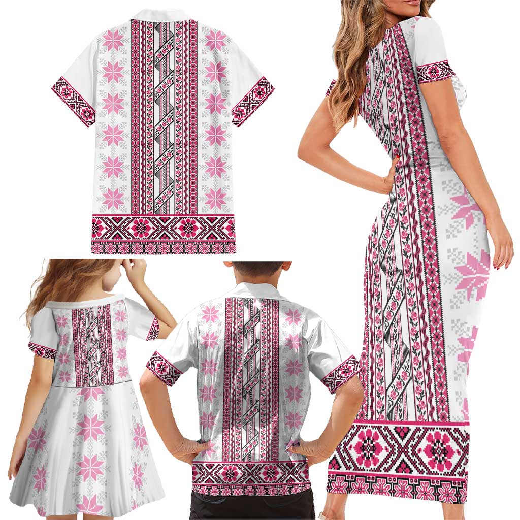 Ukraine Family Matching Short Sleeve Bodycon Dress and Hawaiian Shirt Traditional Braided Rope Belt Pink Folk Pattern