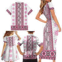 Ukraine Family Matching Short Sleeve Bodycon Dress and Hawaiian Shirt Traditional Braided Rope Belt Pink Folk Pattern