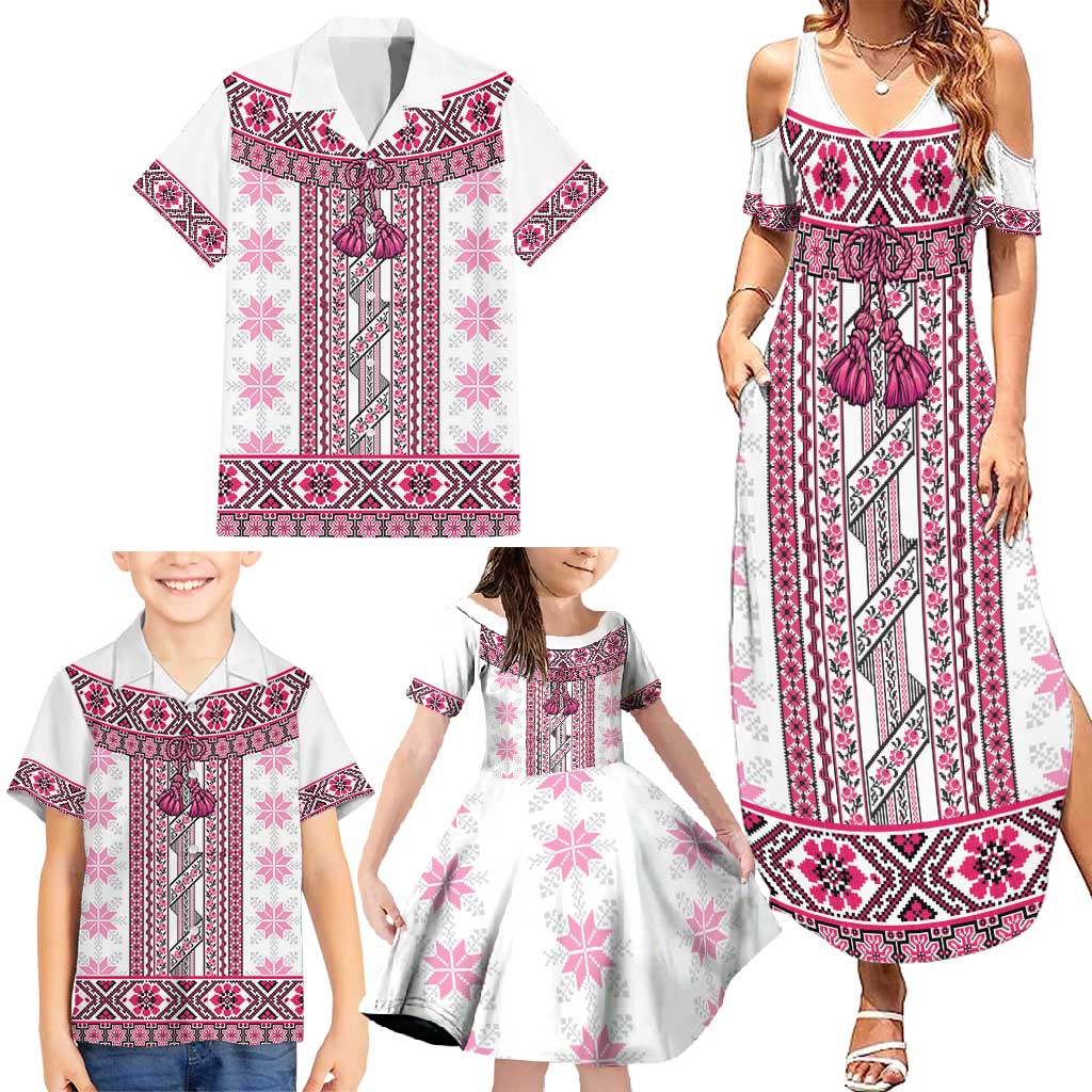 Ukraine Family Matching Summer Maxi Dress and Hawaiian Shirt Traditional Braided Rope Belt Pink Folk Pattern