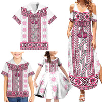 Ukraine Family Matching Summer Maxi Dress and Hawaiian Shirt Traditional Braided Rope Belt Pink Folk Pattern