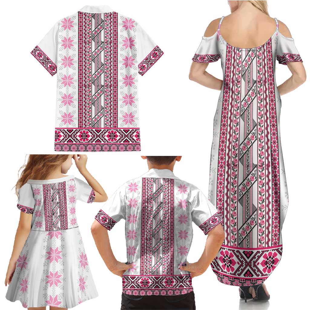 Ukraine Family Matching Summer Maxi Dress and Hawaiian Shirt Traditional Braided Rope Belt Pink Folk Pattern