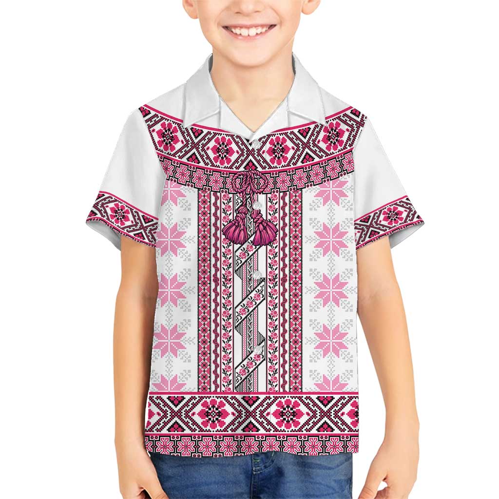 Ukraine Family Matching Summer Maxi Dress and Hawaiian Shirt Traditional Braided Rope Belt Pink Folk Pattern