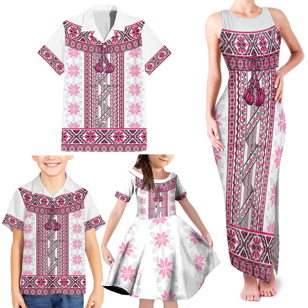 Ukraine Family Matching Tank Maxi Dress and Hawaiian Shirt Traditional Braided Rope Belt Pink Folk Pattern