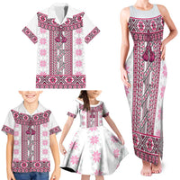 Ukraine Family Matching Tank Maxi Dress and Hawaiian Shirt Traditional Braided Rope Belt Pink Folk Pattern
