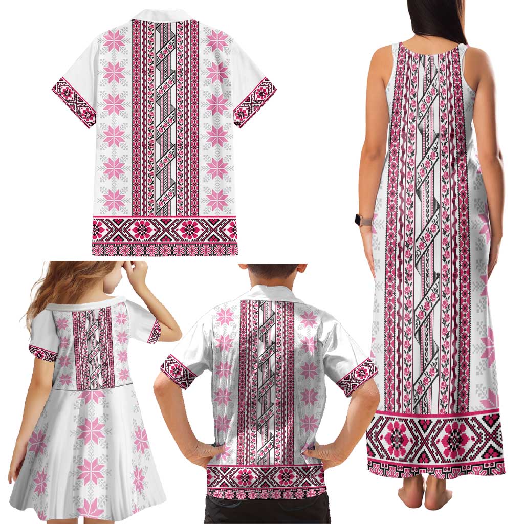 Ukraine Family Matching Tank Maxi Dress and Hawaiian Shirt Traditional Braided Rope Belt Pink Folk Pattern