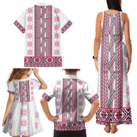 Ukraine Family Matching Tank Maxi Dress and Hawaiian Shirt Traditional Braided Rope Belt Pink Folk Pattern
