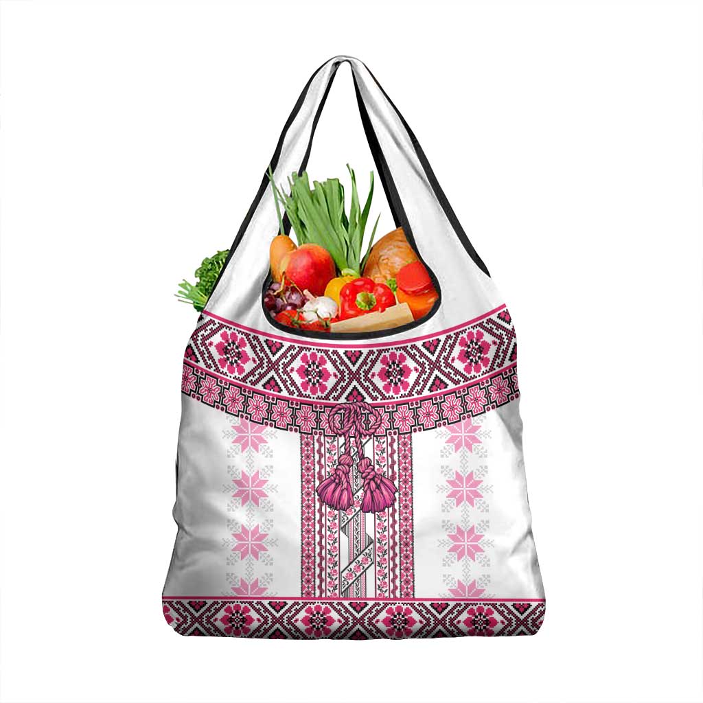 Ukraine Grocery Bag Traditional Braided Rope Belt Pink Folk Pattern