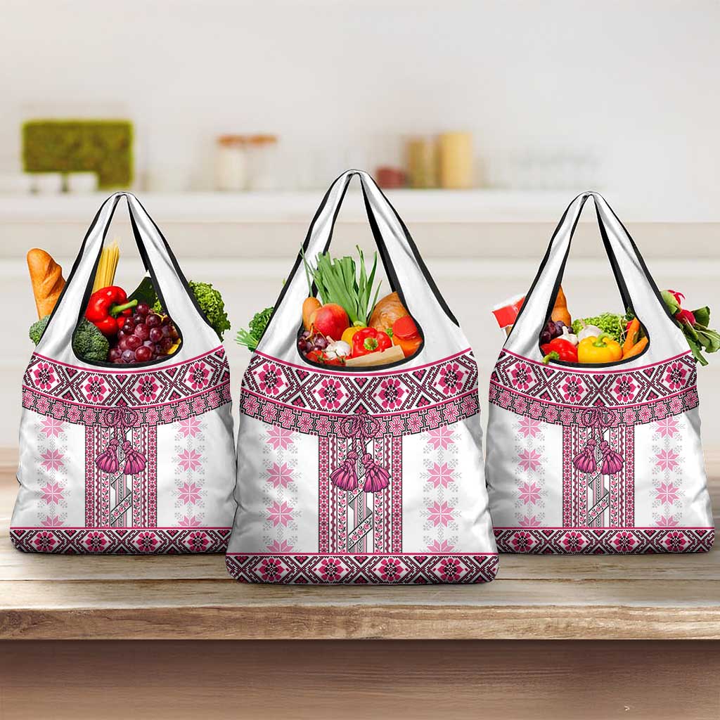 Ukraine Grocery Bag Traditional Braided Rope Belt Pink Folk Pattern