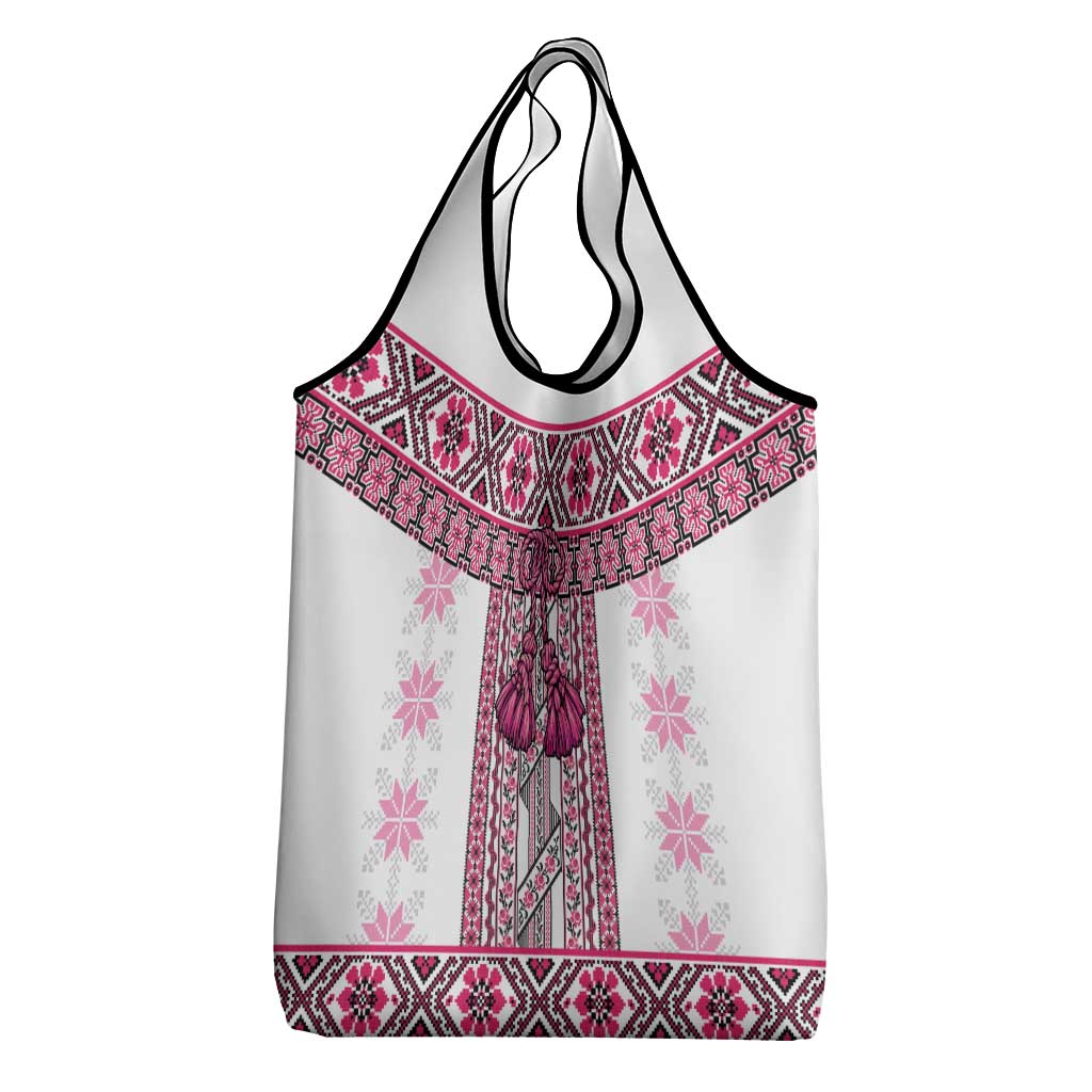 Ukraine Grocery Bag Traditional Braided Rope Belt Pink Folk Pattern
