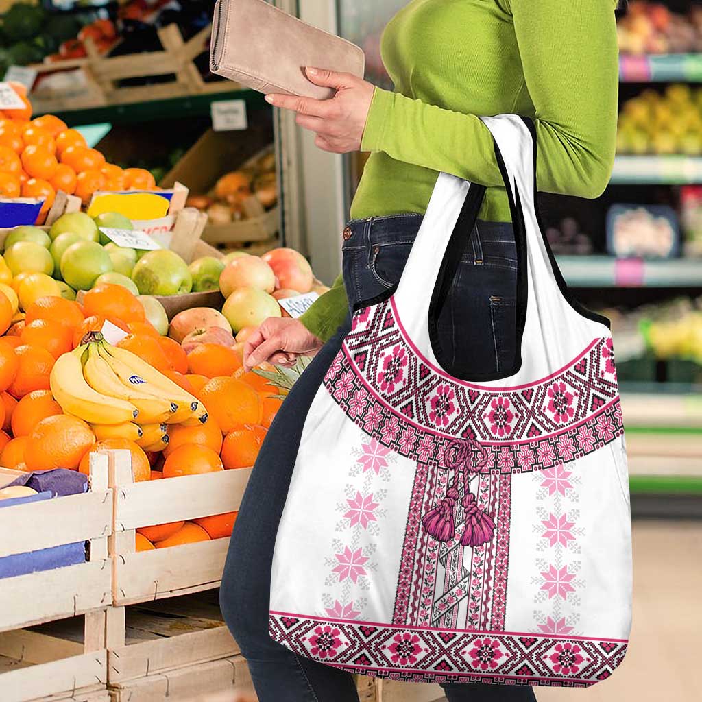Ukraine Grocery Bag Traditional Braided Rope Belt Pink Folk Pattern