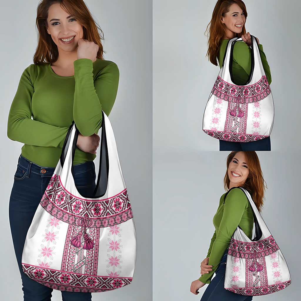 Ukraine Grocery Bag Traditional Braided Rope Belt Pink Folk Pattern