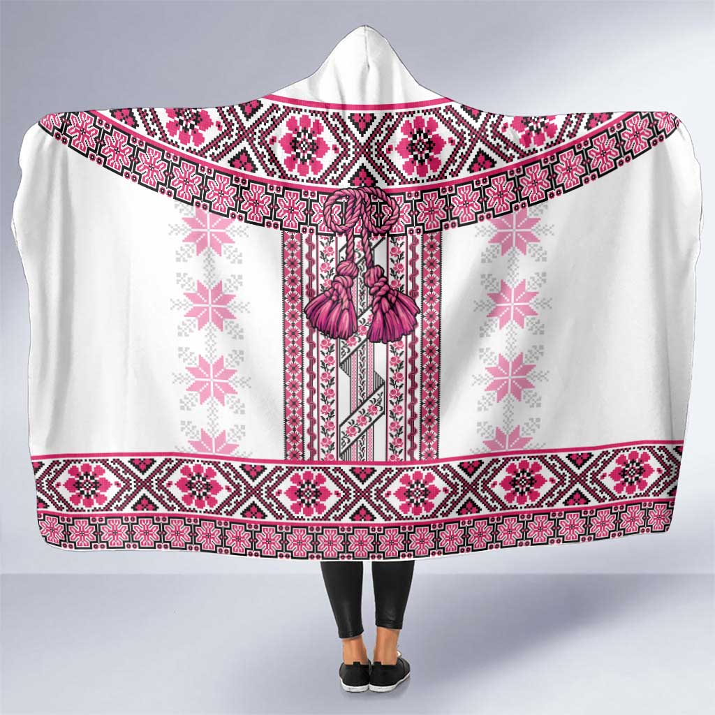 Ukraine Hooded Blanket Traditional Braided Rope Belt Pink Folk Pattern