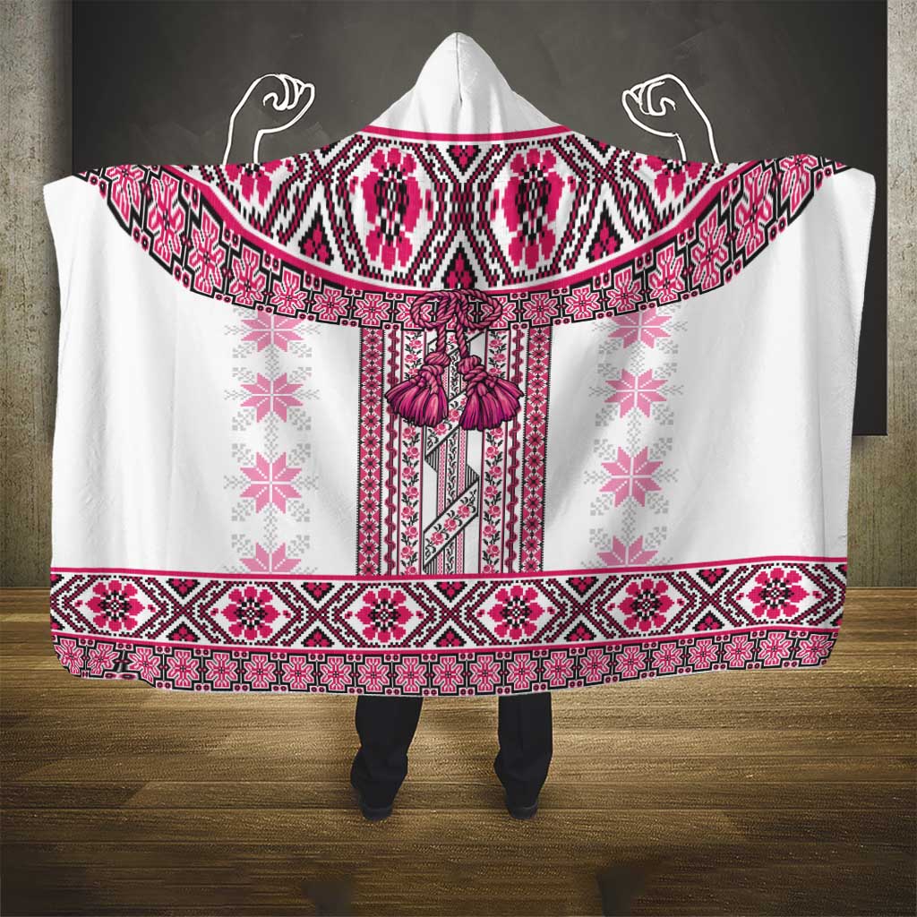 Ukraine Hooded Blanket Traditional Braided Rope Belt Pink Folk Pattern