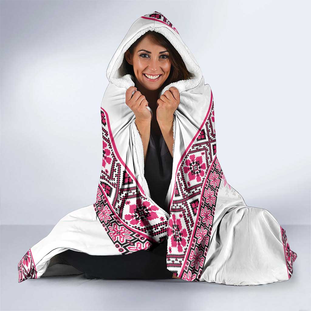 Ukraine Hooded Blanket Traditional Braided Rope Belt Pink Folk Pattern