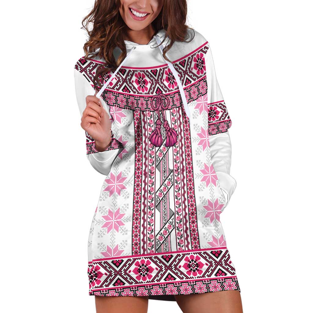Ukraine Hoodie Dress Traditional Braided Rope Belt Pink Folk Pattern