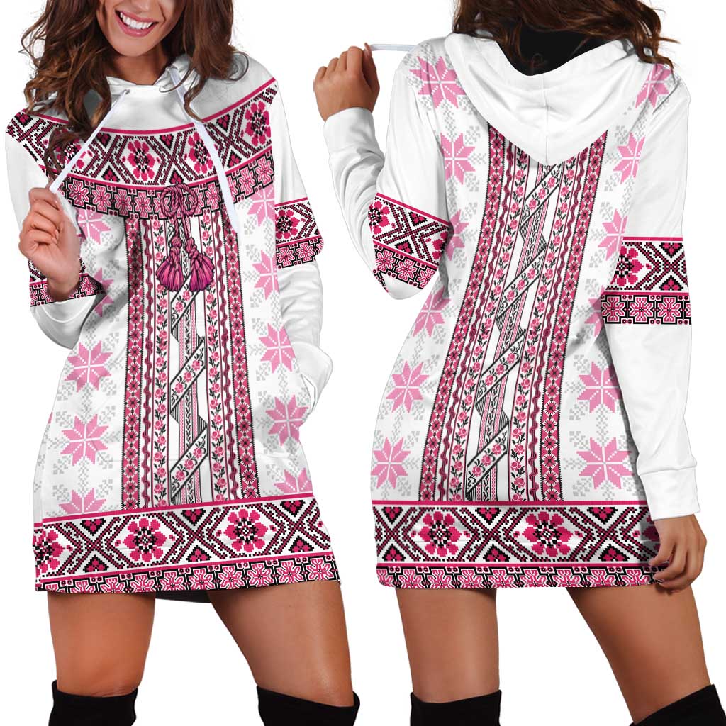 Ukraine Hoodie Dress Traditional Braided Rope Belt Pink Folk Pattern