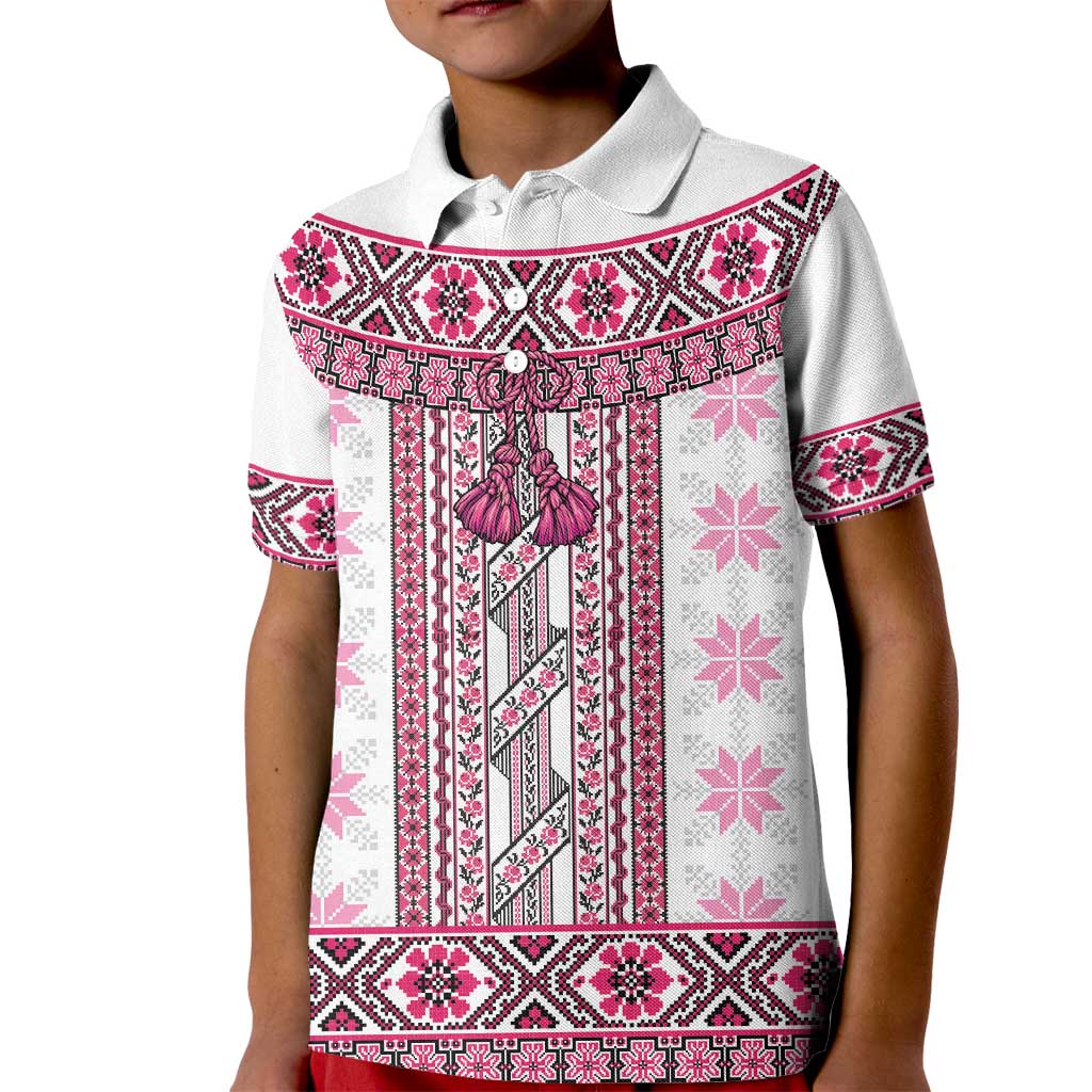 Ukraine Kid Polo Shirt Traditional Braided Rope Belt Pink Folk Pattern