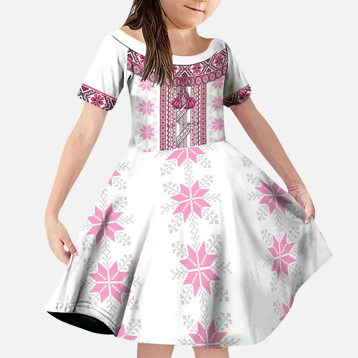 Ukraine Kid Short Sleeve Dress Traditional Braided Rope Belt Pink Folk Pattern