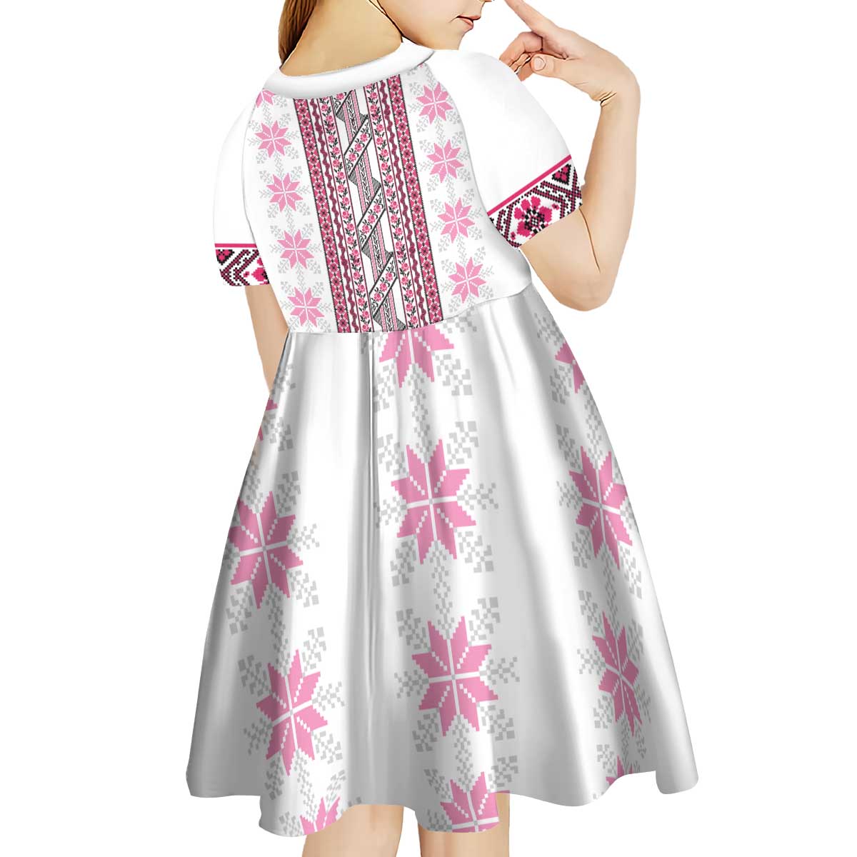 Ukraine Kid Short Sleeve Dress Traditional Braided Rope Belt Pink Folk Pattern