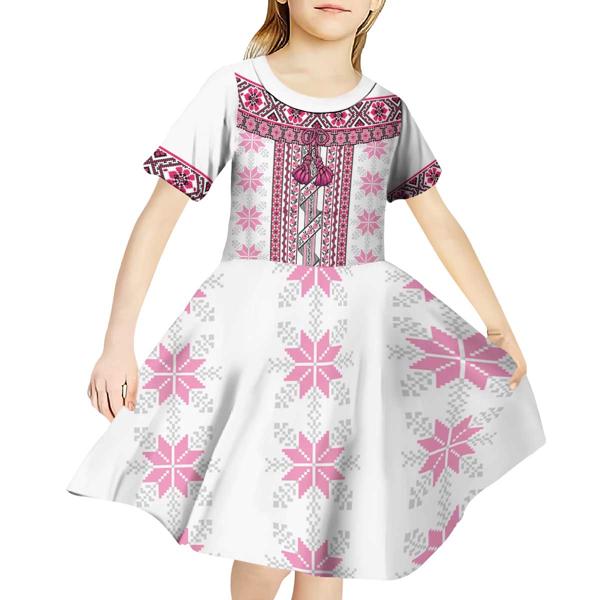 Ukraine Kid Short Sleeve Dress Traditional Braided Rope Belt Pink Folk Pattern