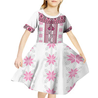 Ukraine Kid Short Sleeve Dress Traditional Braided Rope Belt Pink Folk Pattern