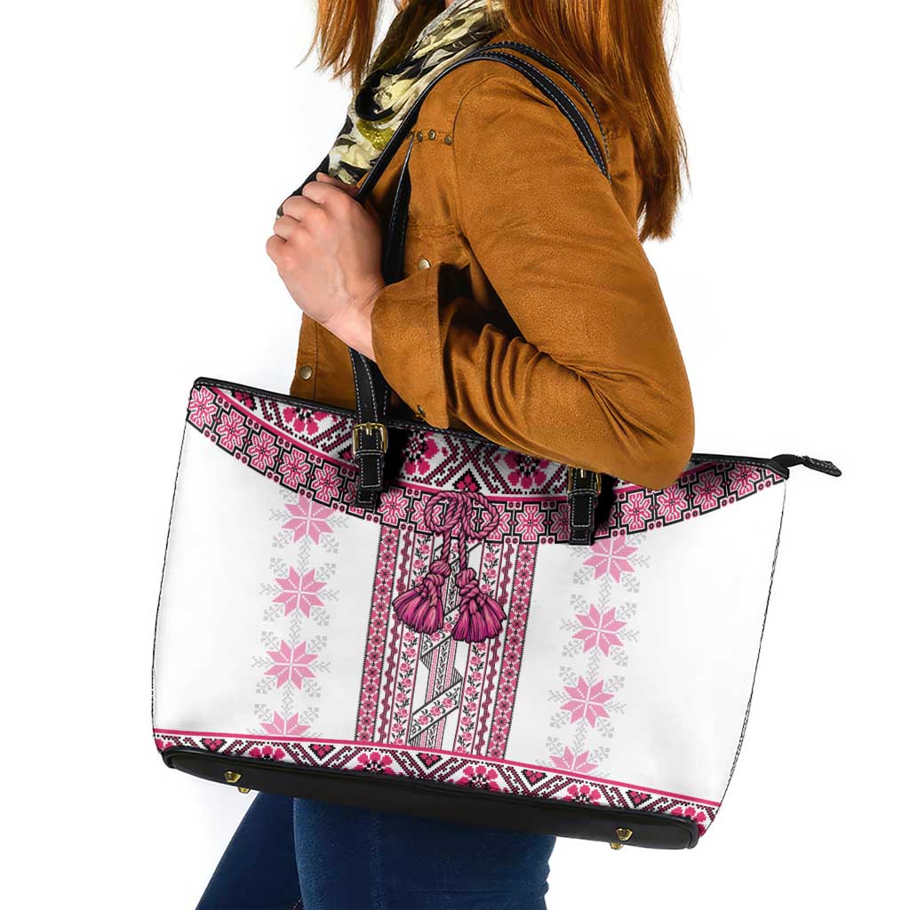 Ukraine Leather Tote Bag Traditional Braided Rope Belt Pink Folk Pattern